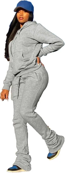PINSV Women's Sweatsuits Sets 2 Piece Outfits Drawstring Hoodies Stacked Jogger Sweatpants Tracksuits Casual Set