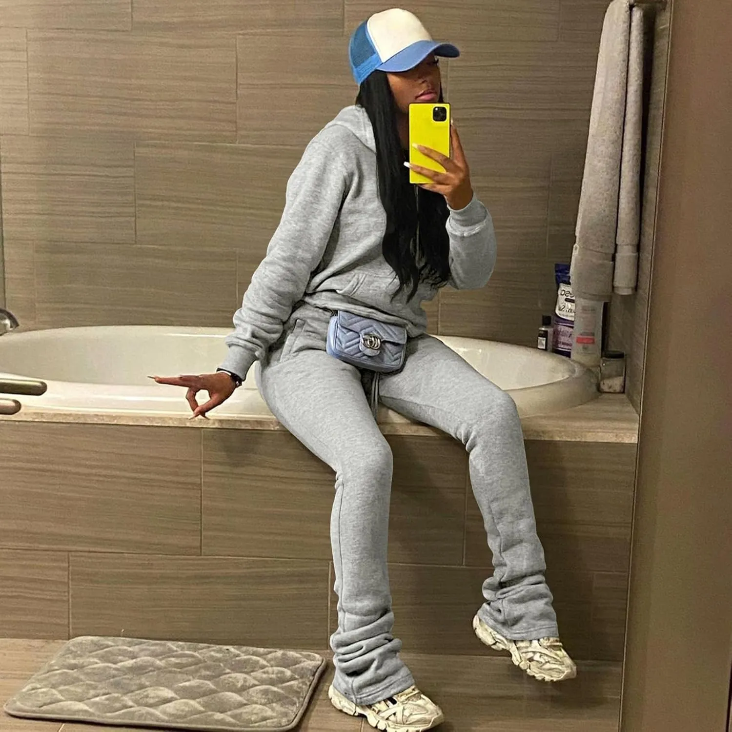 PINSV Women's Sweatsuits Sets 2 Piece Outfits Drawstring Hoodies Stacked Jogger Sweatpants Tracksuits Casual Set