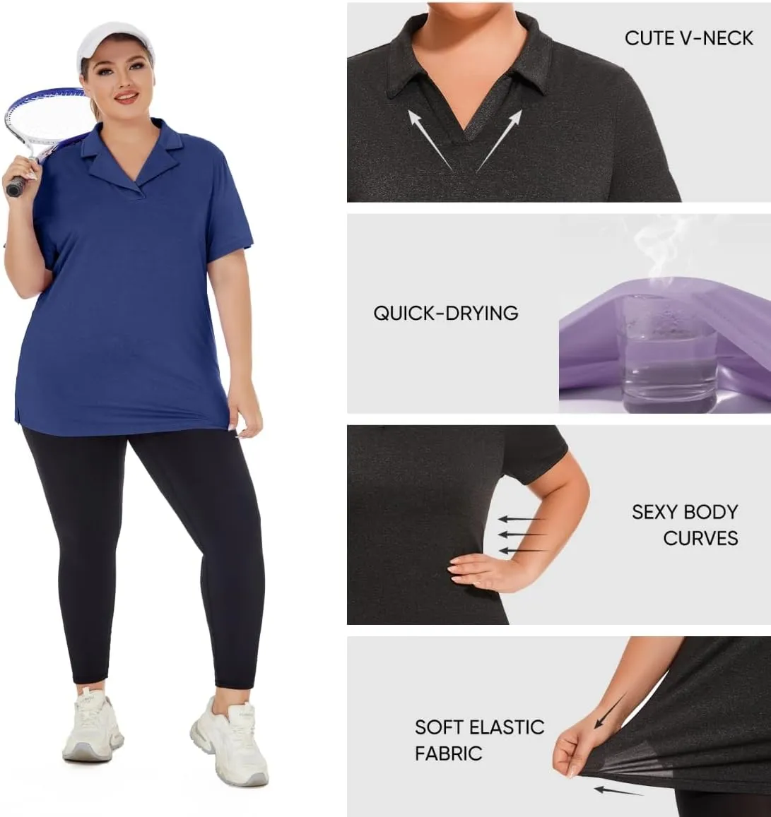Plus Size Polo Shirts for Women Short Sleeve Golf Shirts V Neck Loose Fit Tennis Shirts Quick-Drying Workout Tops