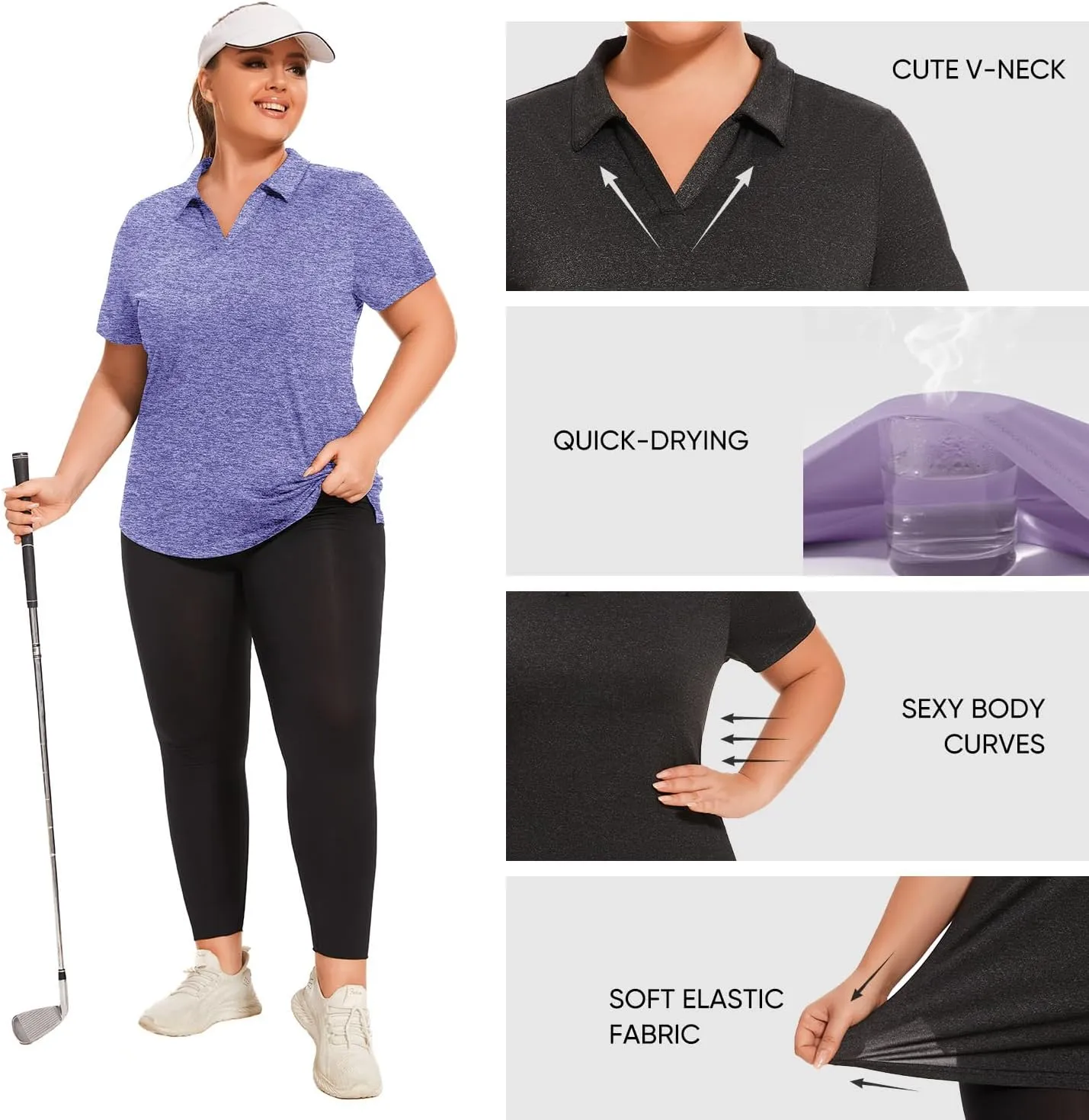 Plus Size Polo Shirts for Women Short Sleeve Golf Shirts V Neck Loose Fit Tennis Shirts Quick-Drying Workout Tops