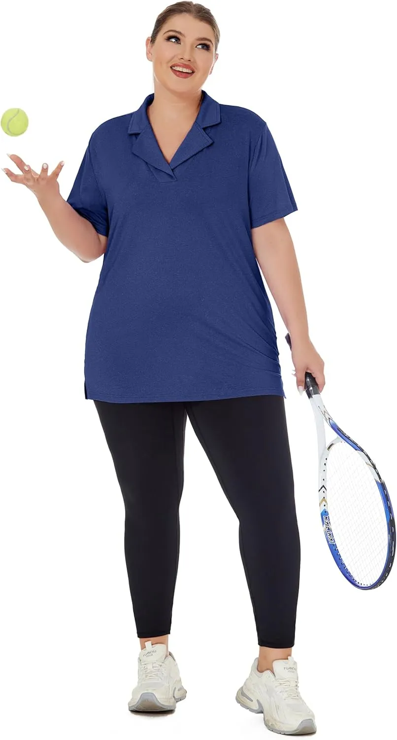 Plus Size Polo Shirts for Women Short Sleeve Golf Shirts V Neck Loose Fit Tennis Shirts Quick-Drying Workout Tops