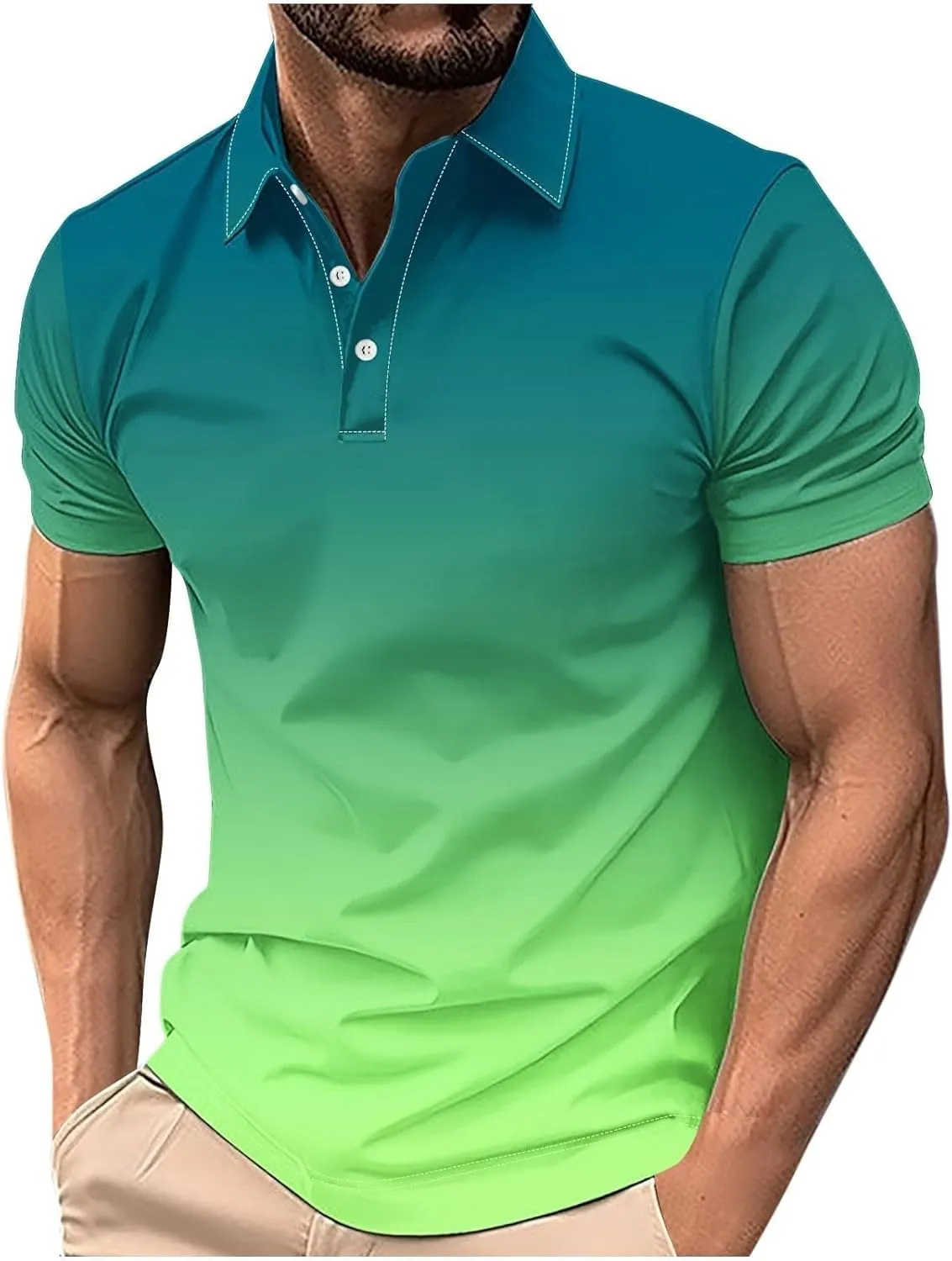 Polo Shirts for Men Short Sleeve Button Down Collar Gradient Tee Dressy Casual Business Work Tshirt Summer Golf Tops