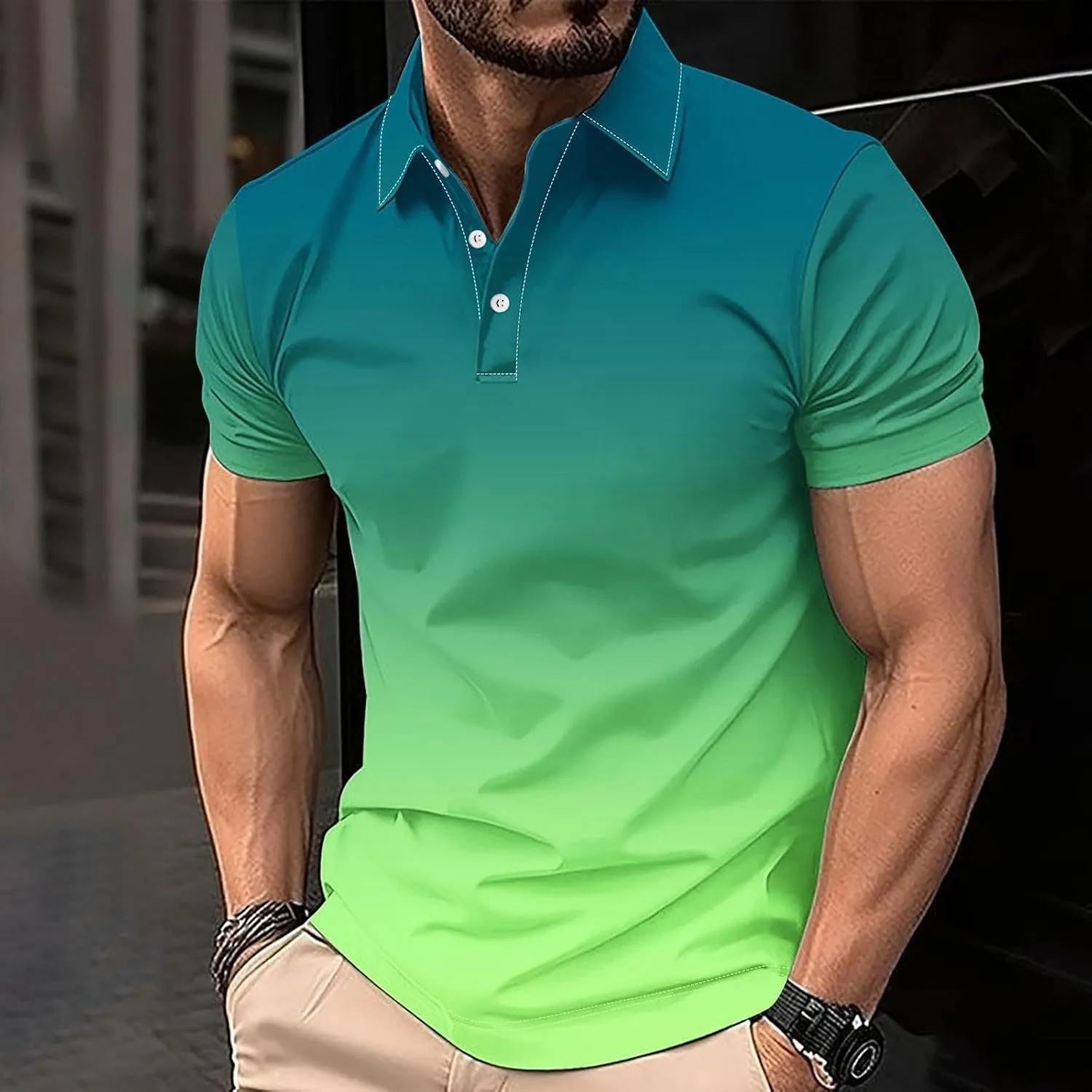 Polo Shirts for Men Short Sleeve Button Down Collar Gradient Tee Dressy Casual Business Work Tshirt Summer Golf Tops