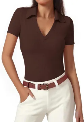 Polo Shirts for Women, Short Sleeve Business Casual Tops, V Neck Polo Collared Work Shirts, Ribbed Fitted Shirts