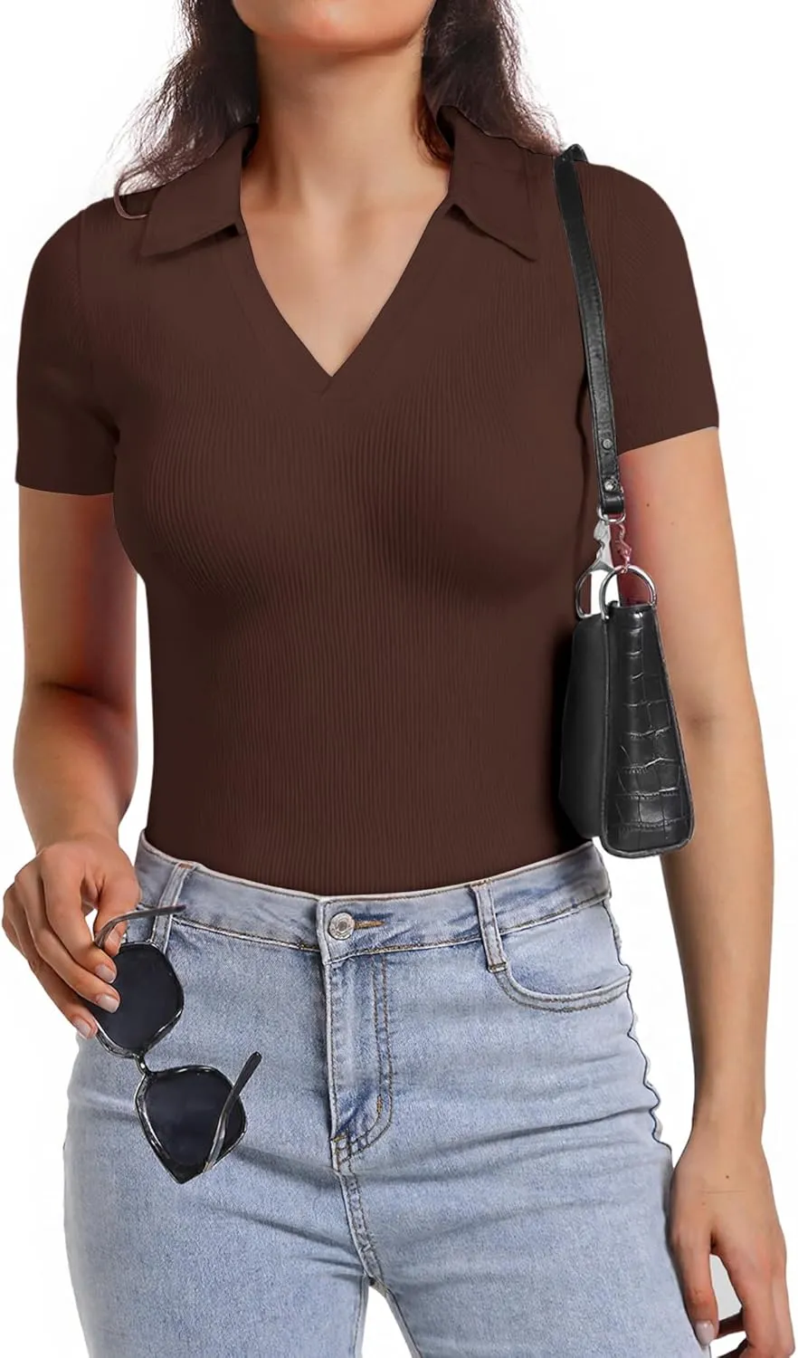 Polo Shirts for Women, Short Sleeve Business Casual Tops, V Neck Polo Collared Work Shirts, Ribbed Fitted Shirts