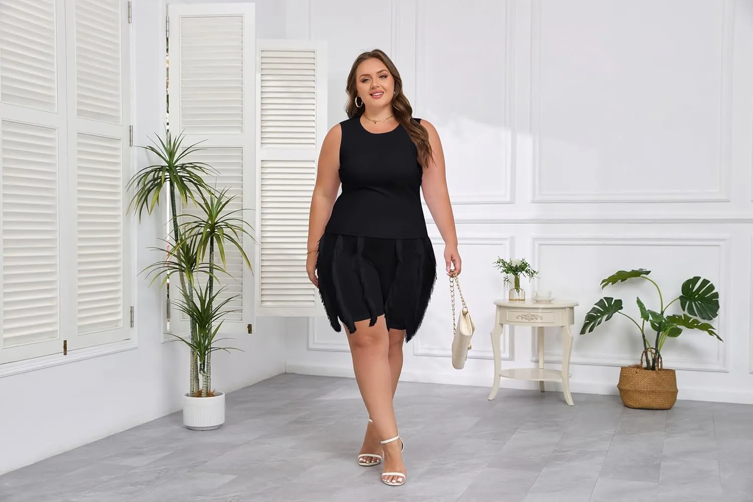 PRIVIMIX Women Plus Size 2 Piece Outfits Fringe Tassel Shorts Set Sleeveless Tank Tops Vacation Clubwear Tracksuits