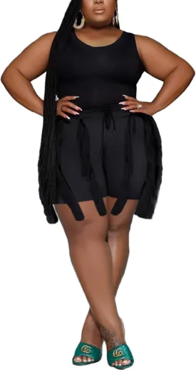 PRIVIMIX Women Plus Size 2 Piece Outfits Fringe Tassel Shorts Set Sleeveless Tank Tops Vacation Clubwear Tracksuits