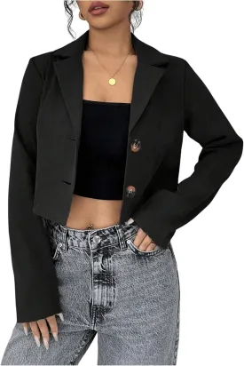 SweatyRocks Women's Button Down Cropped Blazer Long Sleeve Lapel Collar Work Office Jackets