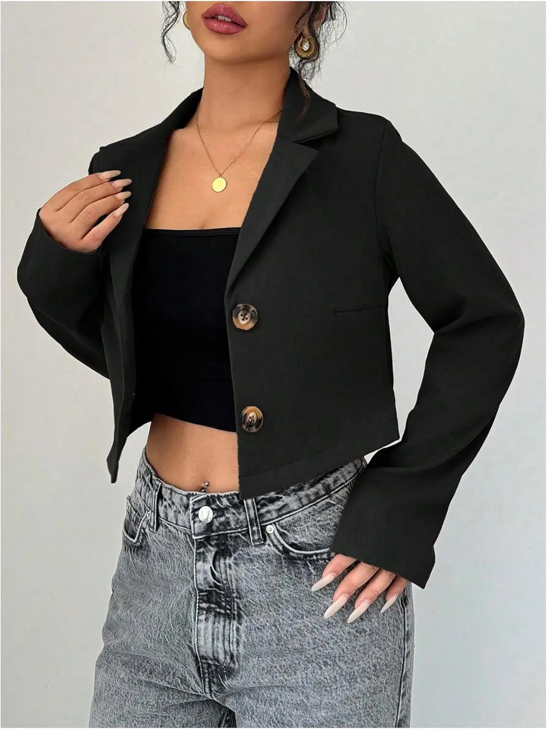 SweatyRocks Women's Button Down Cropped Blazer Long Sleeve Lapel Collar Work Office Jackets