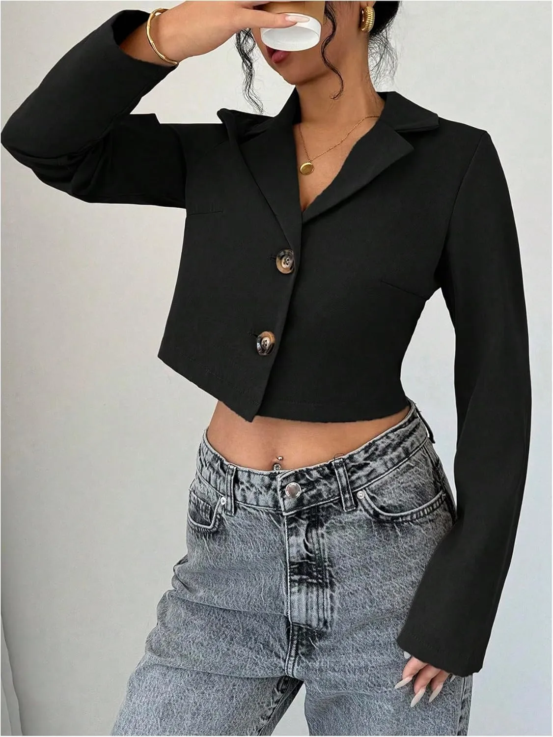 SweatyRocks Women's Button Down Cropped Blazer Long Sleeve Lapel Collar Work Office Jackets