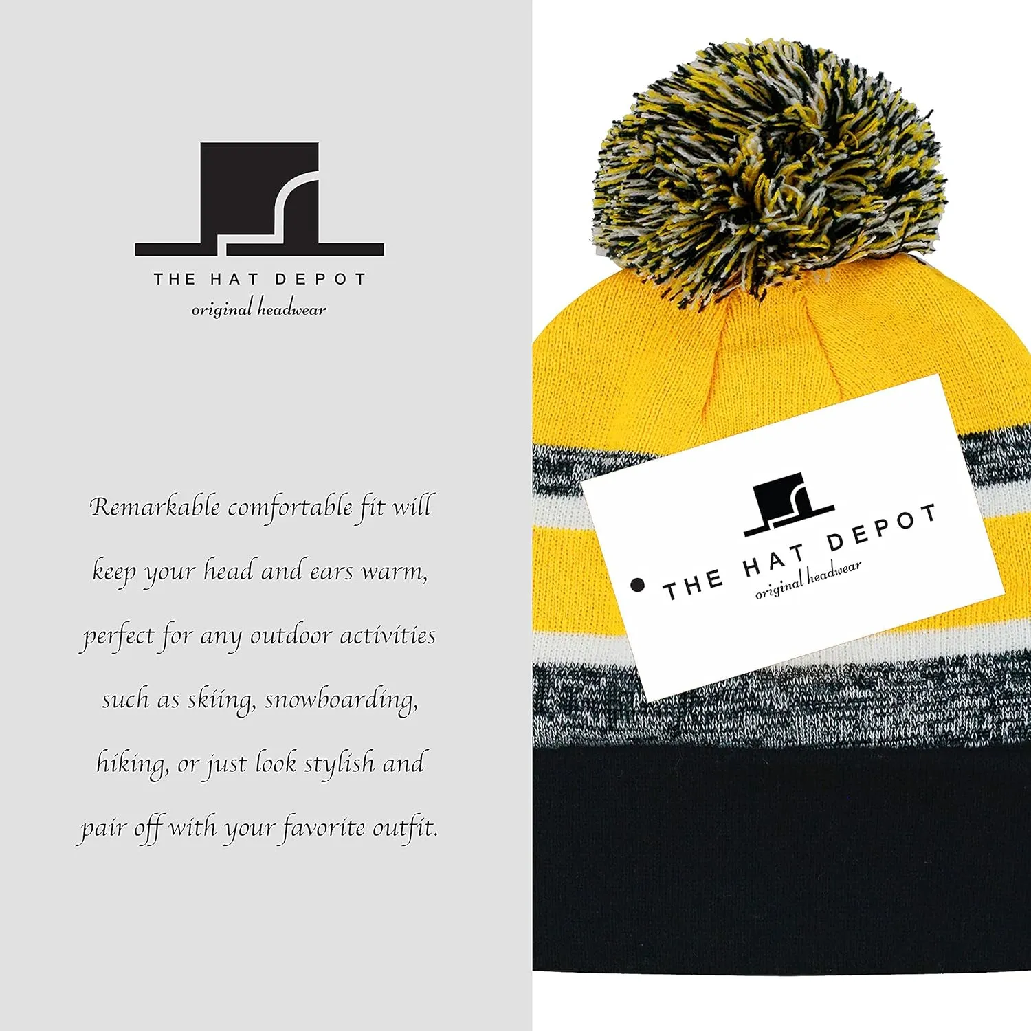 The Hat Depot Winter Beanie Soft Cuff Pom Pom Stripe Knit Skull Slouch Ski Hat