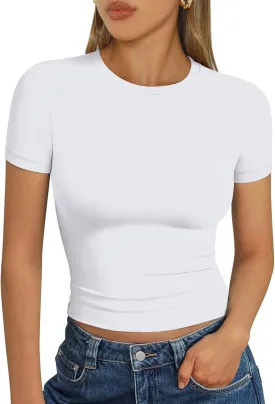 Trendy Queen Womens Basic T Shirts Summer Tops 2025 Short Sleeve Crop Tops Slim Fit Gym Workout Y2k Clothes
