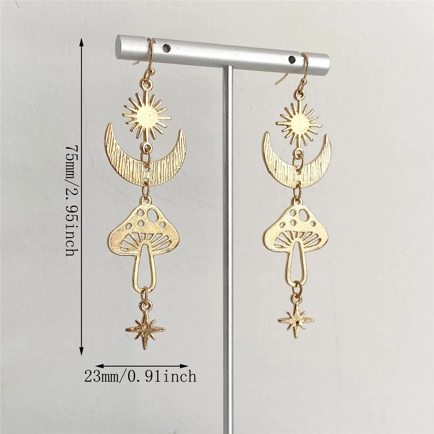 Unique Chic Gothic Boho Sun and Moon Dangle Drop Earrings Bohemian 14k Gold Goth Crescent Moon Star Mushroom Pendant Celestial Earrings for Women Christmas Jewelry Gift