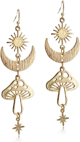 Unique Chic Gothic Boho Sun and Moon Dangle Drop Earrings Bohemian 14k Gold Goth Crescent Moon Star Mushroom Pendant Celestial Earrings for Women Christmas Jewelry Gift