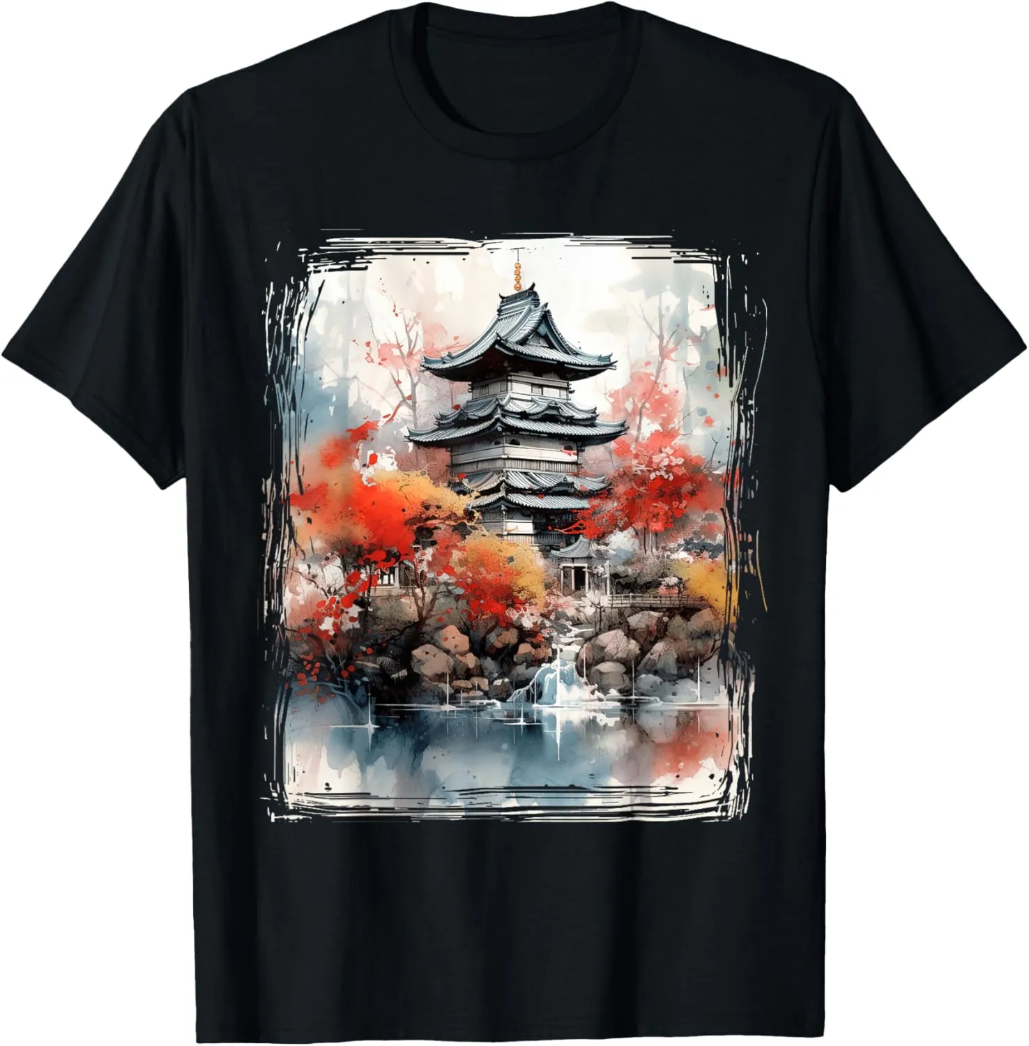 Vintage Japanese Flower Tee Mountain View Landscape Graphic T-Shirt
