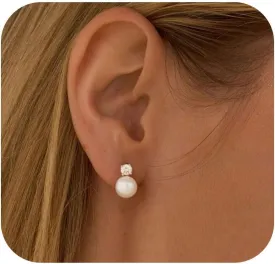 WFYOU Pearl Earrings for Women 925 Sterling Silver Earring 14K Gold Plated Pearls Stud Earrings for Women Trendy White 5 6 7 8 9 10MM Pearl CZ Diamond Hypoallergenic Earring Jewelry Gift