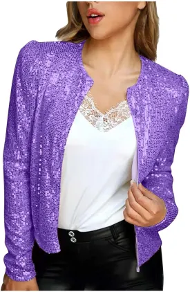 Women Fashion Cropped Sequin Blazer Jacket Casual Open Front Jacket Party Christmas Long Sleeve Sparkly Coats Tops