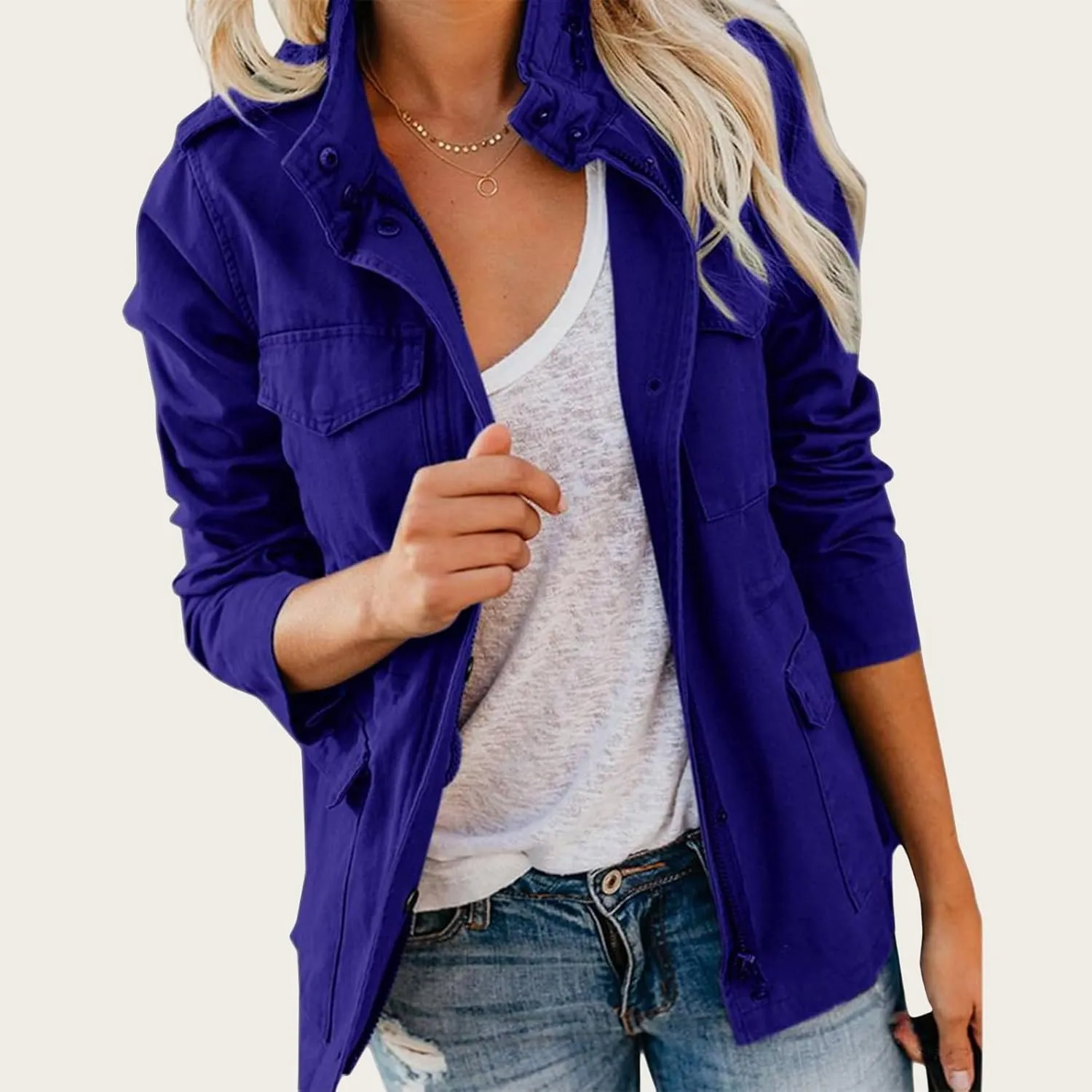 Women Military Anorak Jackets Zip Up Parka Safari Utility Coats Long Sleeve Lightweight Loose Outwear with Pockets