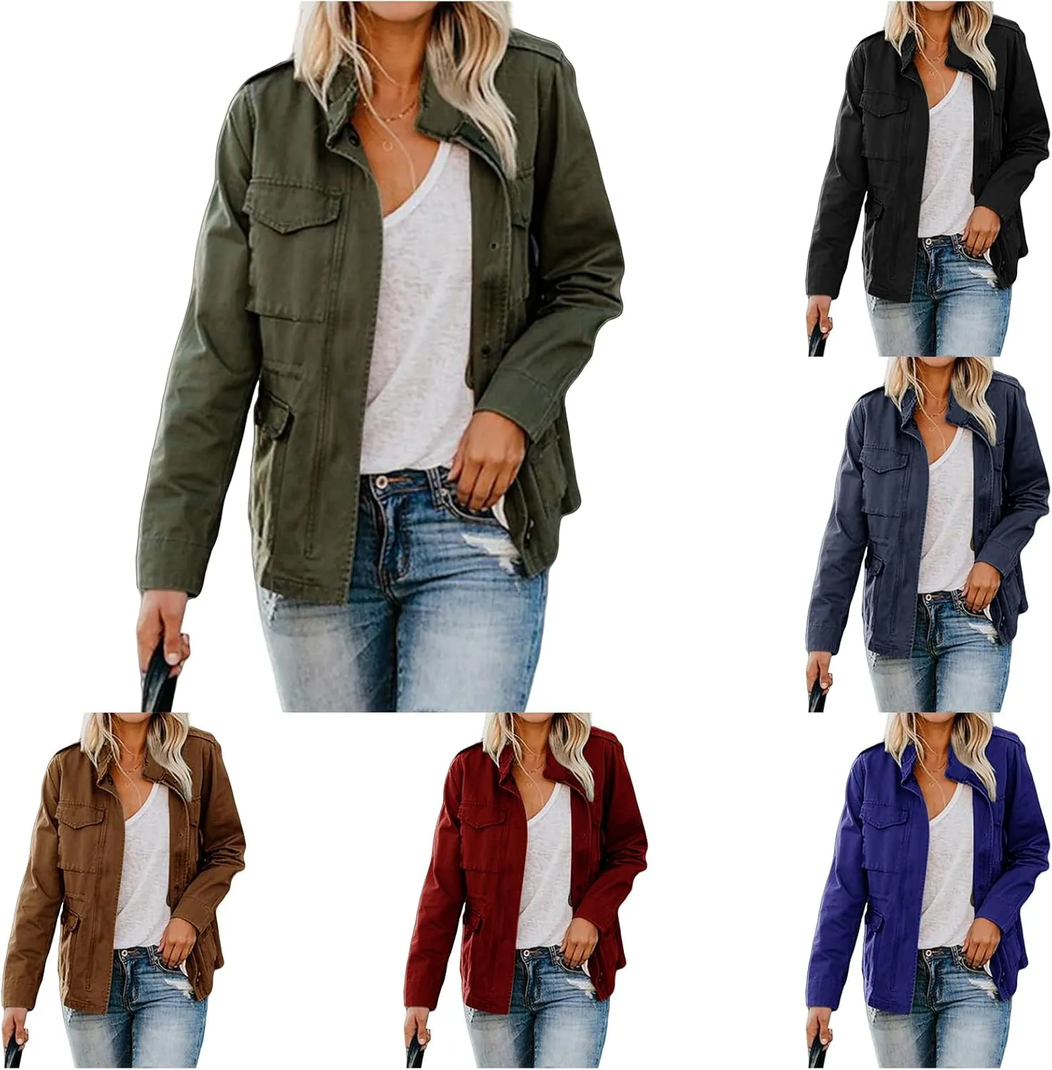 Women Military Anorak Jackets Zip Up Parka Safari Utility Coats Long Sleeve Lightweight Loose Outwear with Pockets