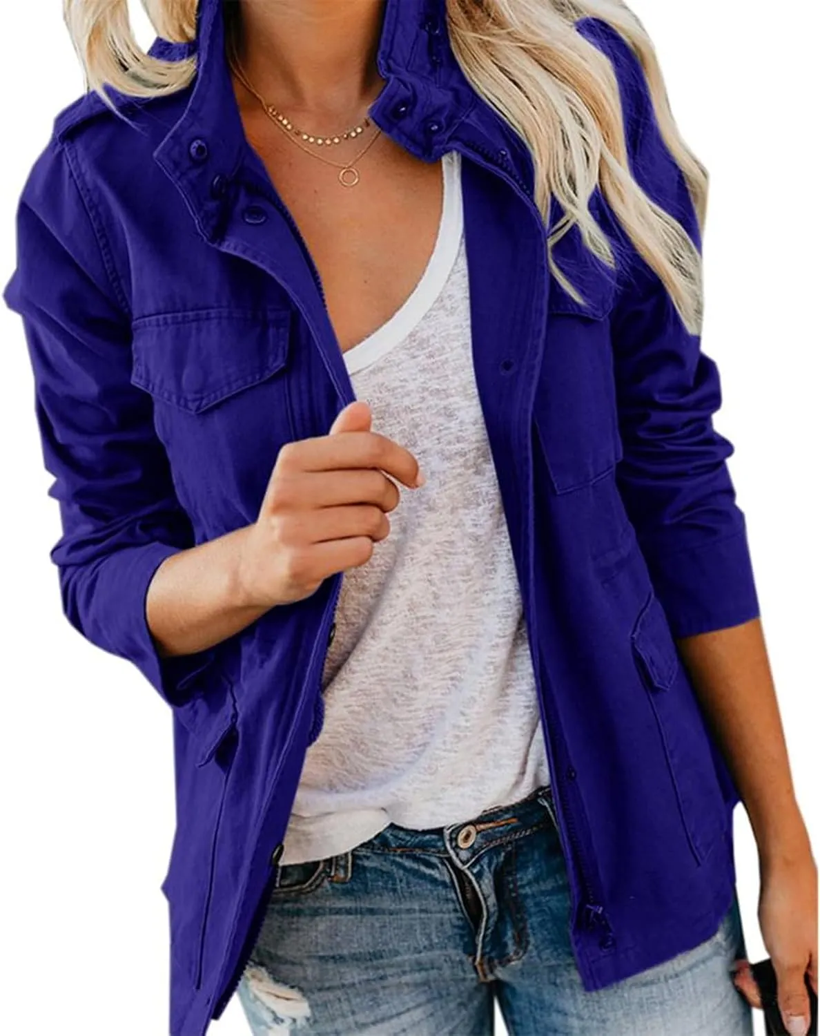 Women Military Anorak Jackets Zip Up Parka Safari Utility Coats Long Sleeve Lightweight Loose Outwear with Pockets