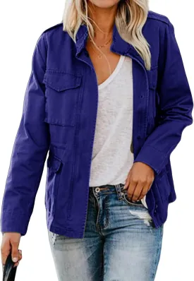 Women Military Anorak Jackets Zip Up Parka Safari Utility Coats Long Sleeve Lightweight Loose Outwear with Pockets