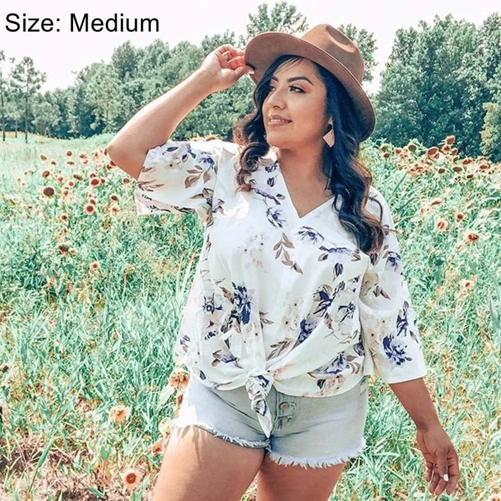 Women's Casual Floral Blouse Batwing Sleeve Loose Fitting Shirts Boho Knot Front Tops