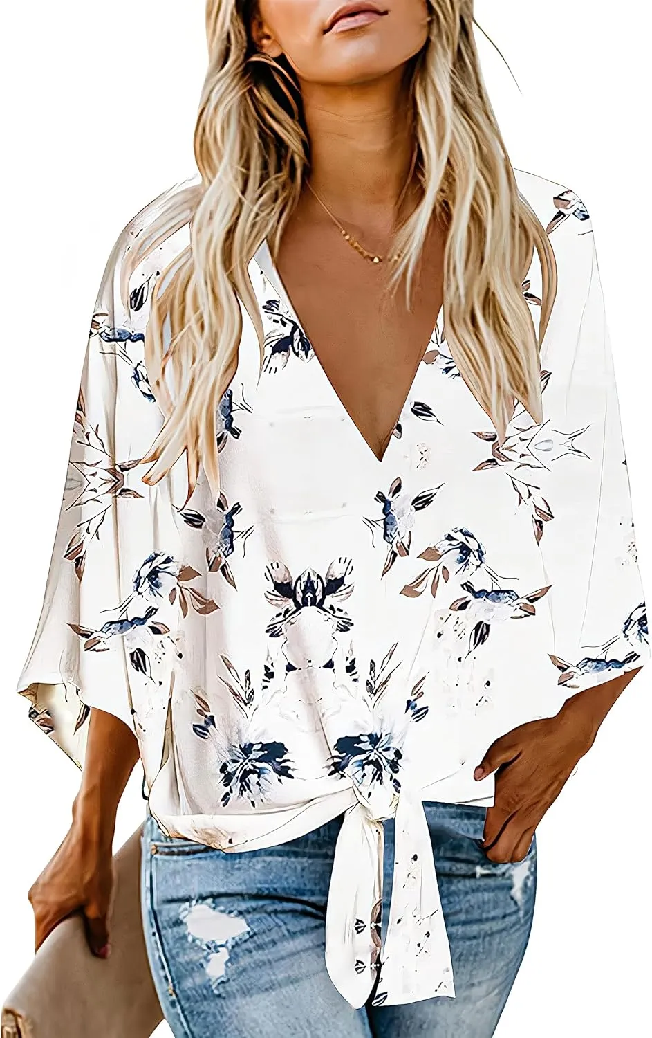Women's Casual Floral Blouse Batwing Sleeve Loose Fitting Shirts Boho Knot Front Tops