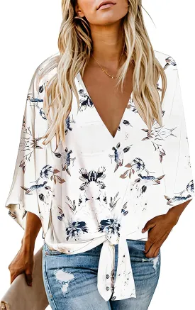 Women's Casual Floral Blouse Batwing Sleeve Loose Fitting Shirts Boho Knot Front Tops