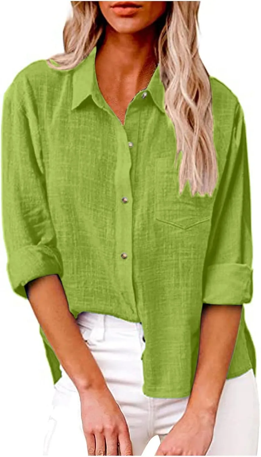 Womens Cotton Linen Button Down Shirt 2025 Summer Casual Long Sleeve Solid Color Shirts Loose Work Tops with Pockets