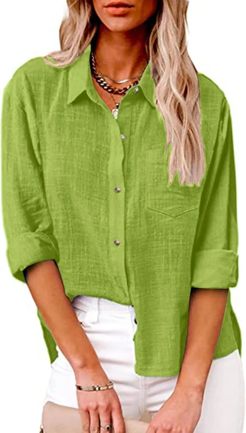 Womens Cotton Linen Button Down Shirt 2025 Summer Casual Long Sleeve Solid Color Shirts Loose Work Tops with Pockets