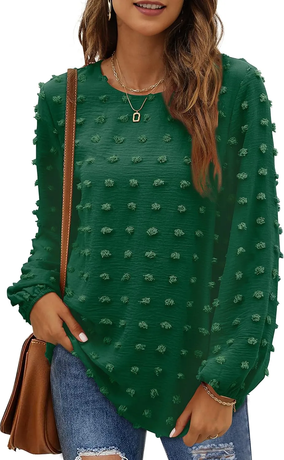 XIEERDUO Women's Chiffon Blouses Long Sleeve Crewneck Tops Dressy Casual Loose Pompom Shirts