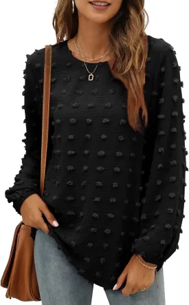 XIEERDUO Women's Chiffon Blouses Long Sleeve Crewneck Tops Dressy Casual Loose Pompom Shirts
