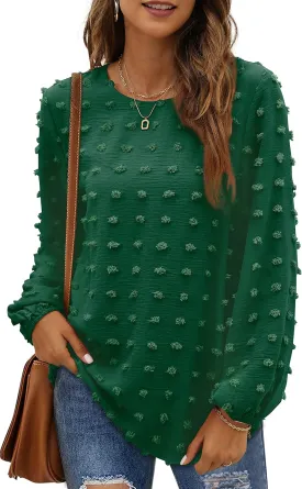 XIEERDUO Women's Chiffon Blouses Long Sleeve Crewneck Tops Dressy Casual Loose Pompom Shirts