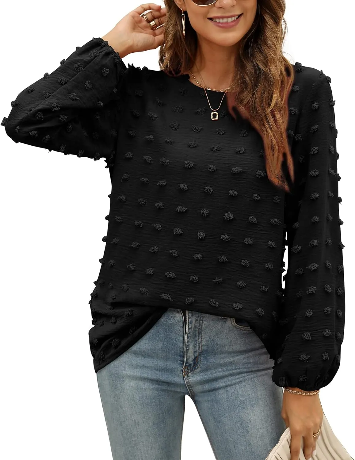 XIEERDUO Women's Chiffon Blouses Long Sleeve Crewneck Tops Dressy Casual Loose Pompom Shirts